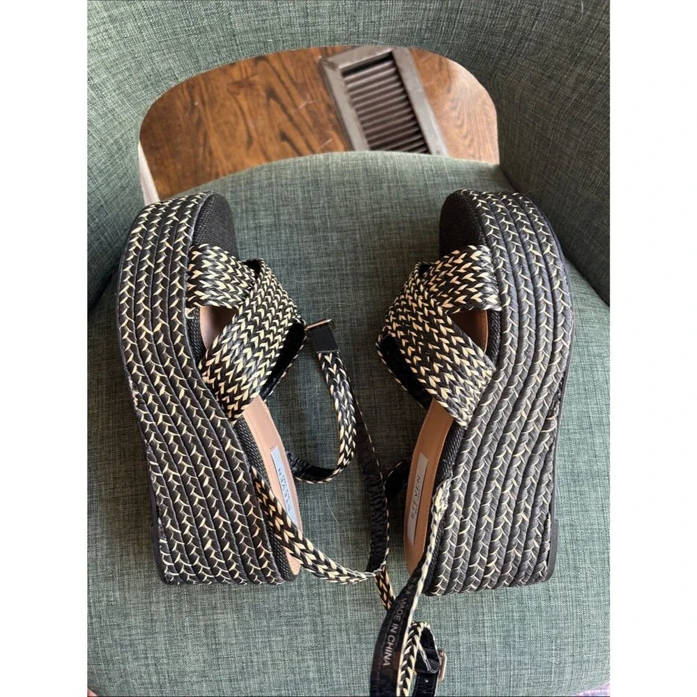 Steven women woven Black Natural tan Platform Sandals strappy resort 8.5 summer